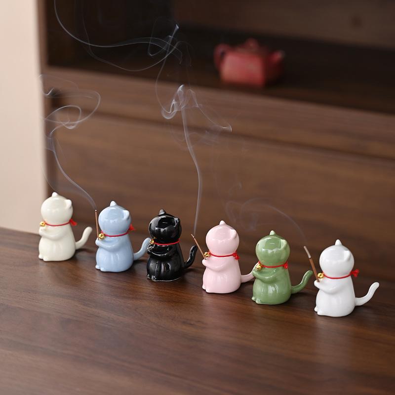 Cute Wishing Cat Ceramic Incense Burner Decoration Indoor Line Incense Holder for Tea Table | Temples Yoga Studios Home Decor