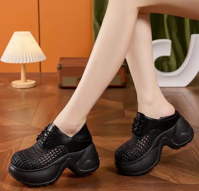 Fashion 9CM Weave Patent Synthetic Microfiber Leather Fashion Women Sandals Chunky Sneakers Hollow Bling Vulcanize Platform Wedge Shoes