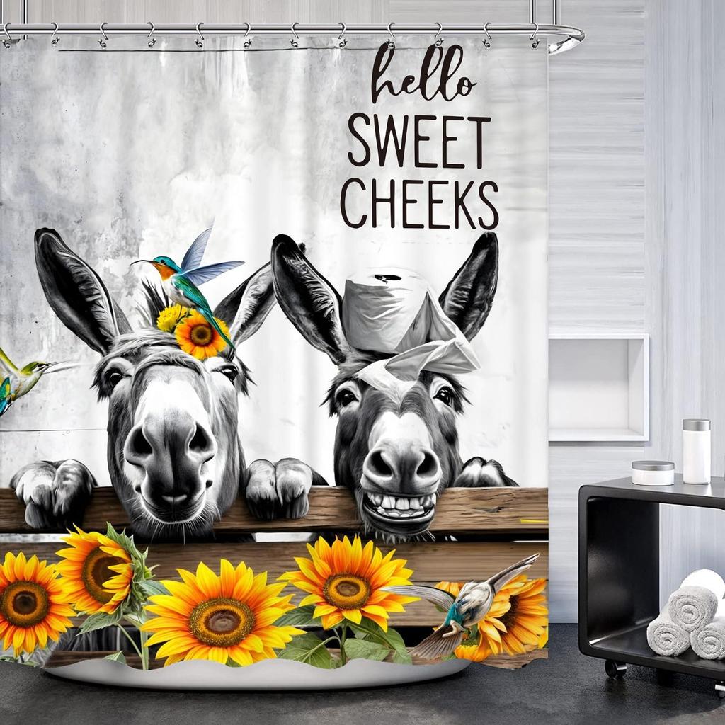Farmhouse Donkey Shower Curtain 60Wx72L Inch Funny Country Sunflower Animal Black White Gray Hello Sweet Cheeks Birds Rustic Yel