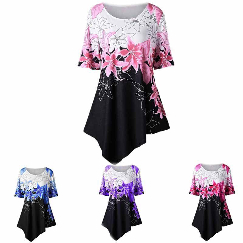 Fashionable Women Ladies Asymmetric Hem Floral Print T-shirt Tunic Tops For All Sizes