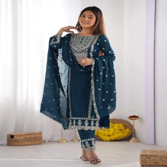 Cerulean Blue Tesla Silk Embroidered Kurta Pant Set with Vichitra Silk Dupatta S лазурный