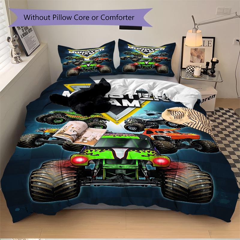 3pcs Monster Jam Monster Truck Home Bedding Set-Universal Three-Piece Suit for Bedroom, Guest Room, Living Room, Hotel-Perfect Holiday Gift