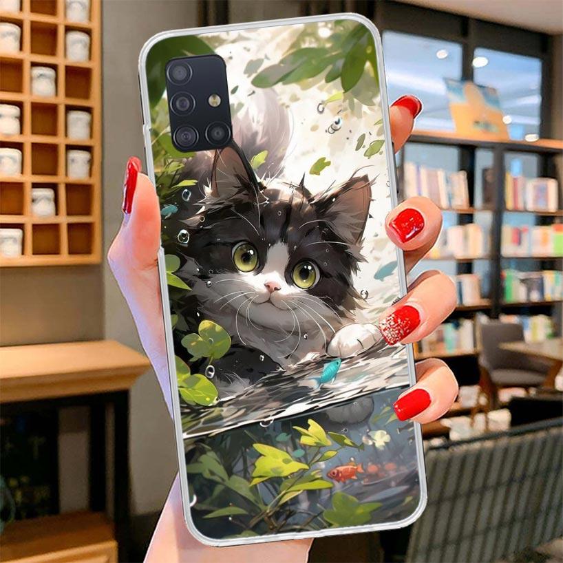 Cartoon Cute Cat Fish Aesthetic Cover Phone Case For Samsung Galaxy A12 A22 A32 A52 A72 A02S Phone Case Note 20 Ultra 10 S10 Plu