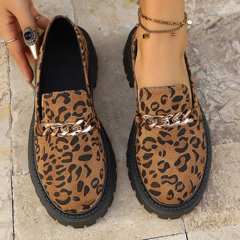 Women's Leopard Chunky Loafers with Chain Decor Slip On Platform Casual Shoes Woman 2025 Autumn Fashion Non Slip Flats Plus Size