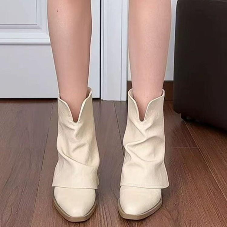 Fashion Elegant Thick Heel White Ankle Boots Women 2025 Autumn Pointed Toe Medium Heel Black Pleated Chelsea Boots Solid Woman's Shoes