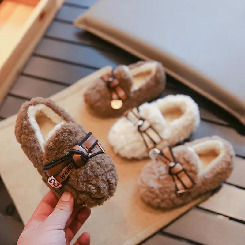 Girls' Princess Shoes Chic Warm Children's Plush Shoes with Simple Bow 2024 Autumn Winter New Girls' Moccasin Casual Soft Sole