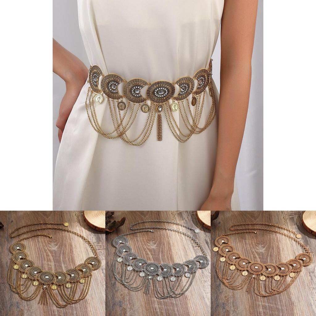 Antique Alloy Waist Chain With Filigree Work And Tassels For Formal Dress Decor