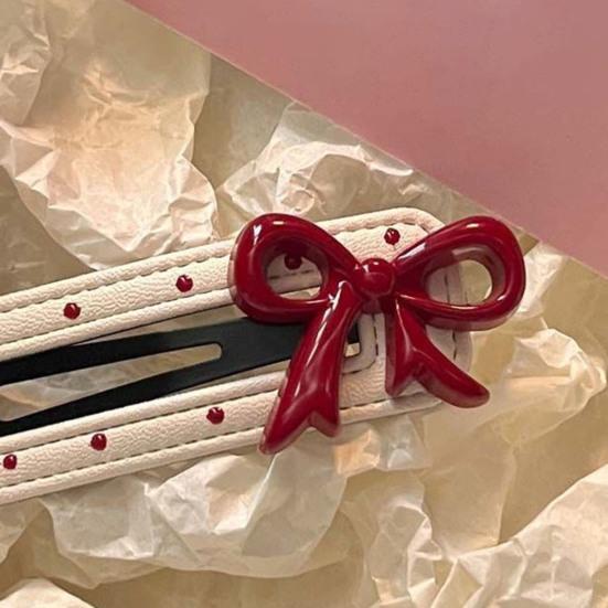 2Pcs Girl Hairpin Dot Embossed Bow Decor Faux Leather Cover Hair Clip Bangs BB Clip Hair Styling Tool Hair