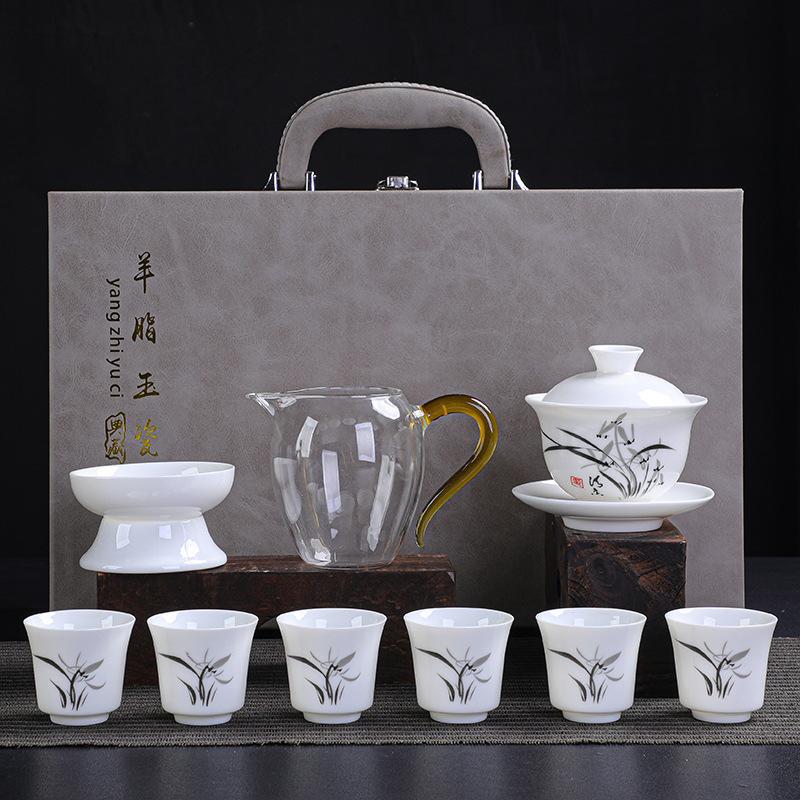 Ceramic White Suet Jade Porcelain Kung Fu Tea Set Business Company High-end Gifts