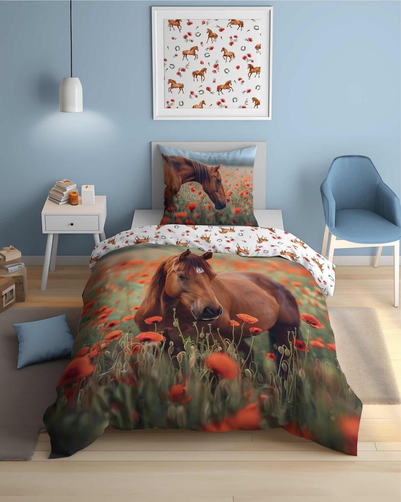 Fluorescent cotton bedding 160x200cm HORSE AND POPPIES