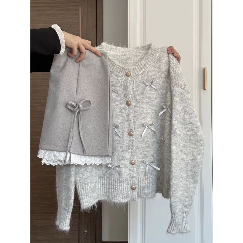 

Gray Bow Knit cardigan Women Autumn and Winter Wear 2024 New Inner wear Shoulder Sweater Outerwear Top Tide Gray XL