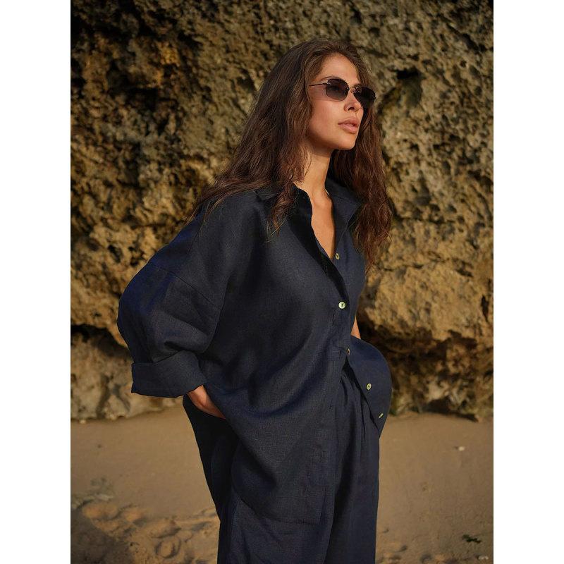 Tooxika Ladies Nova Camisa Solta de Algodão + Conjunto de Calças Largas