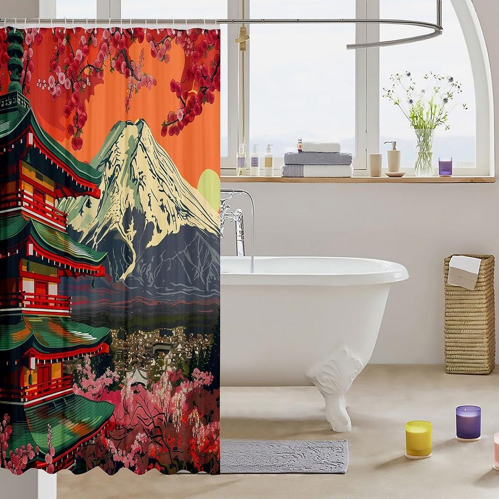 Boys Girls Japanese-Style Shower Curtain Red Cherry Bath Curtain Mount Fuji Bathroom Accessories Teens Bedroom Decor