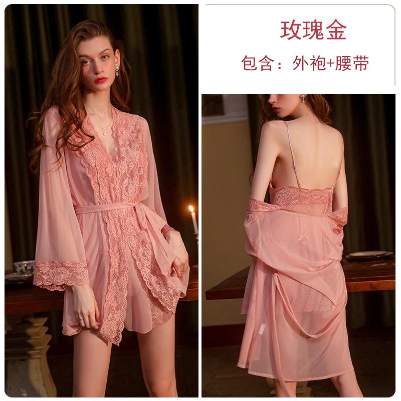 Women's Lace Sheer Deep V Backless Cami Sleep Dress with Robe Costume Set