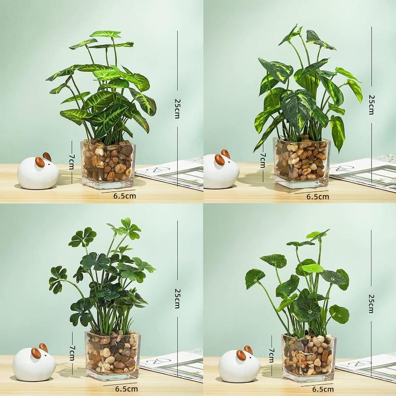 Artificial Potted Plants, Set of 4 Faux Tabletop Greenery with Clear Glass Pots and Cobblestones, Included Artificial Taro