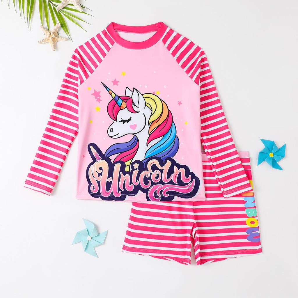 Girls' Long Sleeve Unicorn Striped Swimsuit Set (2025)