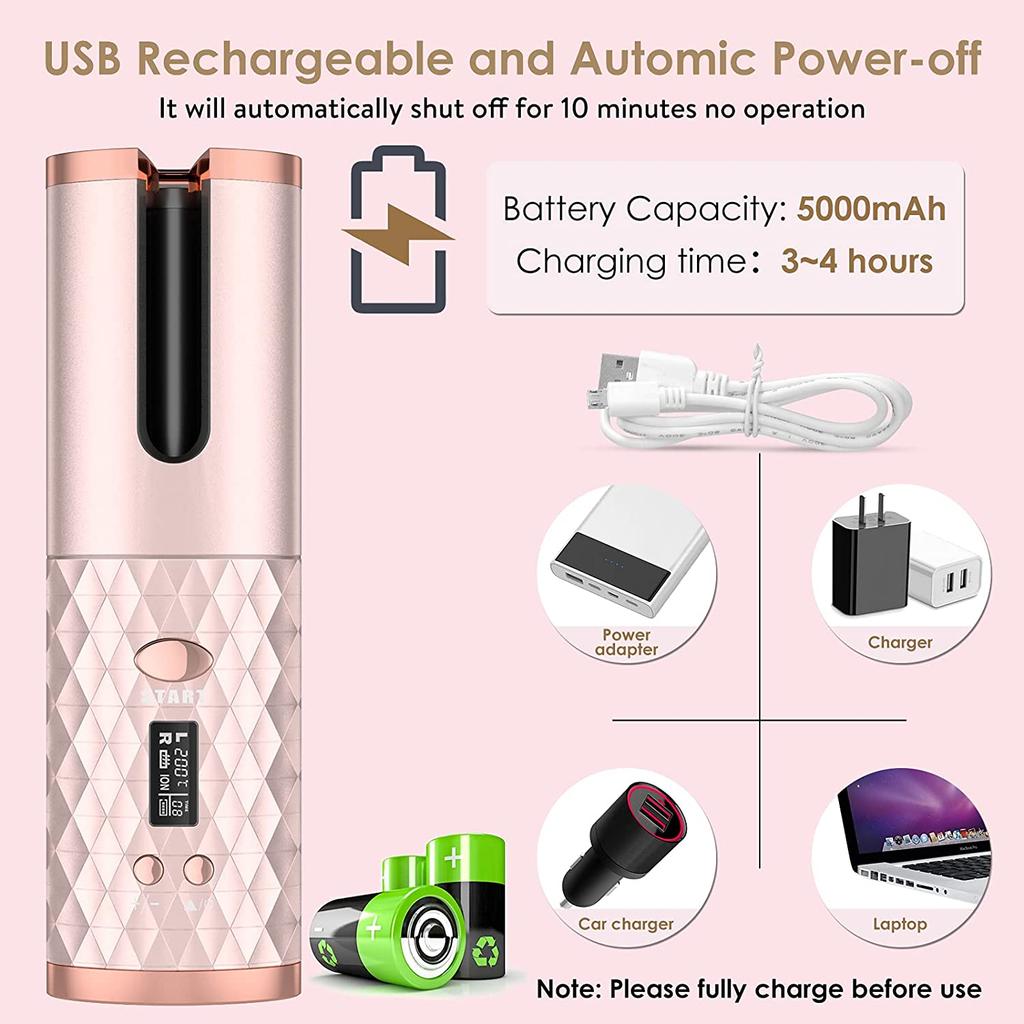 Unbound Cordless Auto Rotating Ceramic Hair Curler USB Rechargeable Automatic Curling Iron LED Display Temperature Wave Curler Gold Color