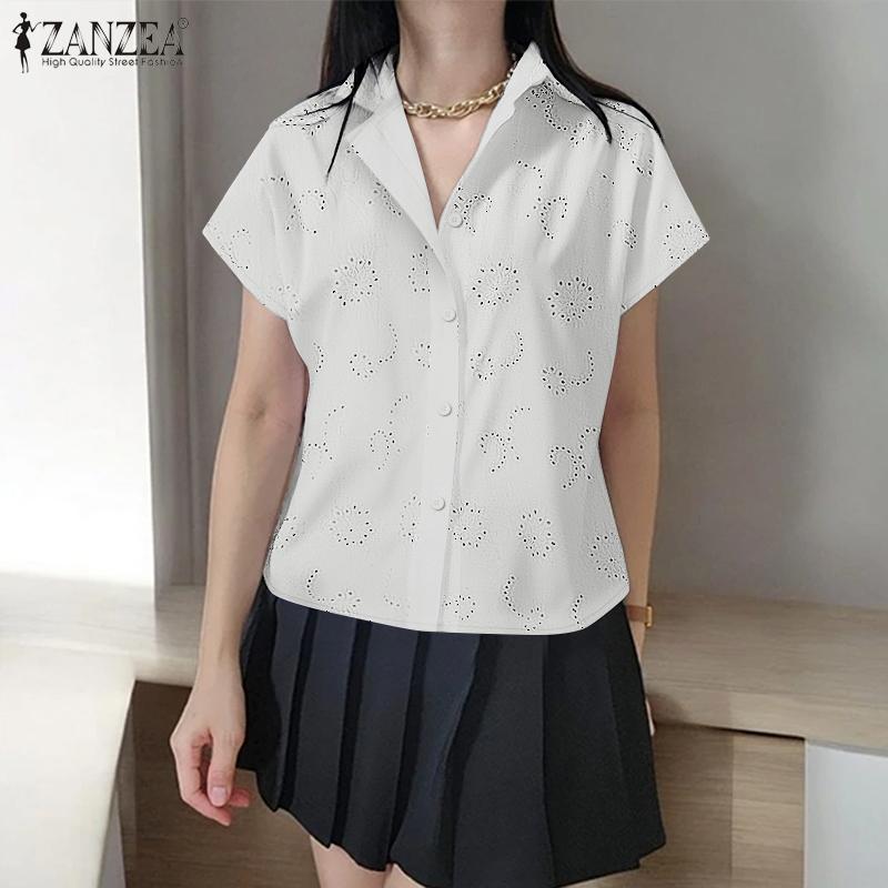 

ZANZEA Женская повседневная блузка с отложным воротником, свободного кроя, с короткими рукавами и ажурной отделкой S белый