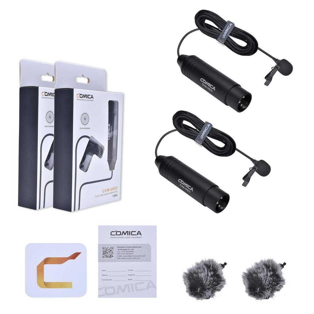 COMICA XLR Lavalier Microphone (2-Pack, 1.8m Length) - Omnidirectional Condenser Microphone with 48V Phantom Power for Canon, Sony, and Panasonic Digi
