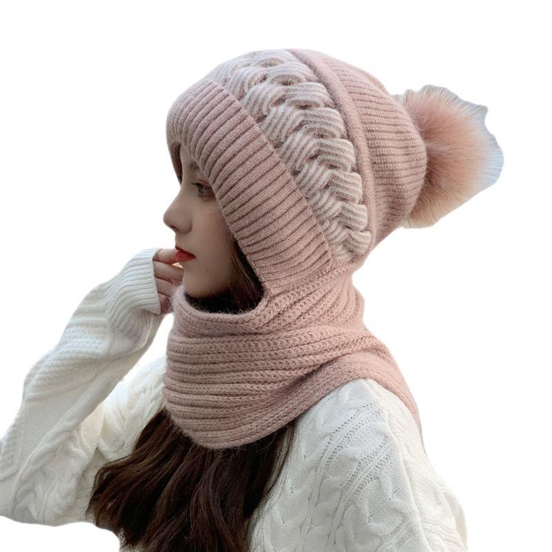 Winter Hat Women's Scarf Earmuffs Fashion Wind and Snow Scarf Integrated Hat Wool Knitted Cover Hat Thermal Ear Protection Hat
