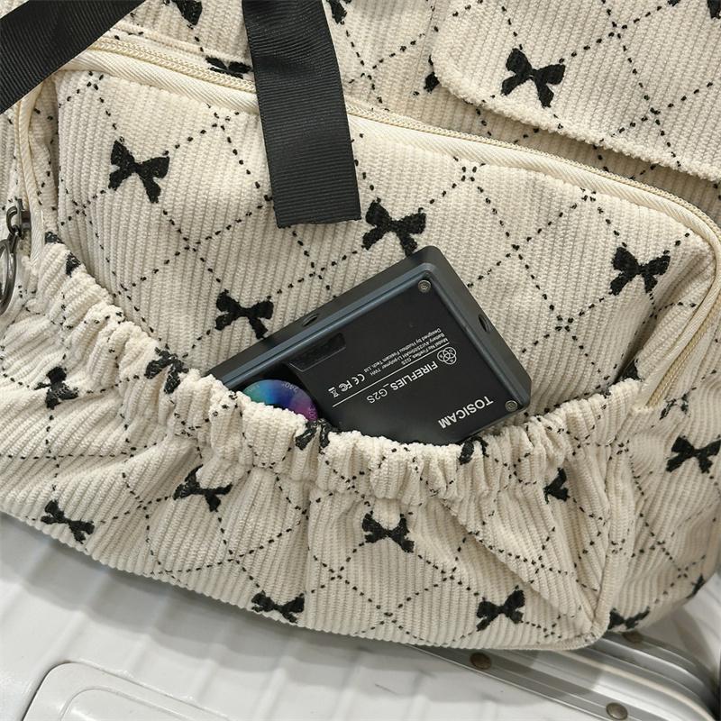 Corduroy Backpack Large Capacity Bow Print Backpack Student Schoolbag