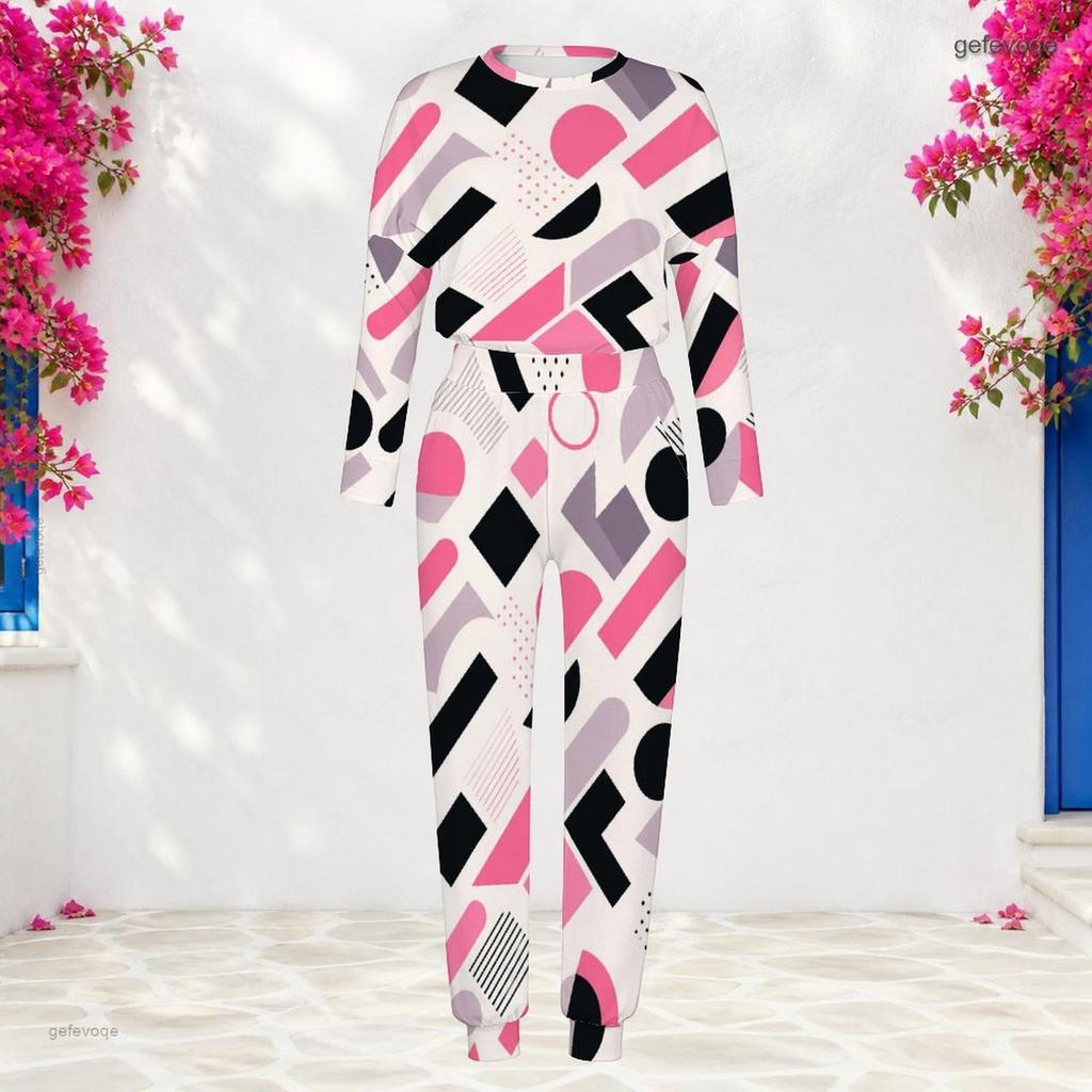 Women Plus Size Geometric Printed Round Neck Long Sleeve Two Piece Set Cuffed Top And Pants With Pockets