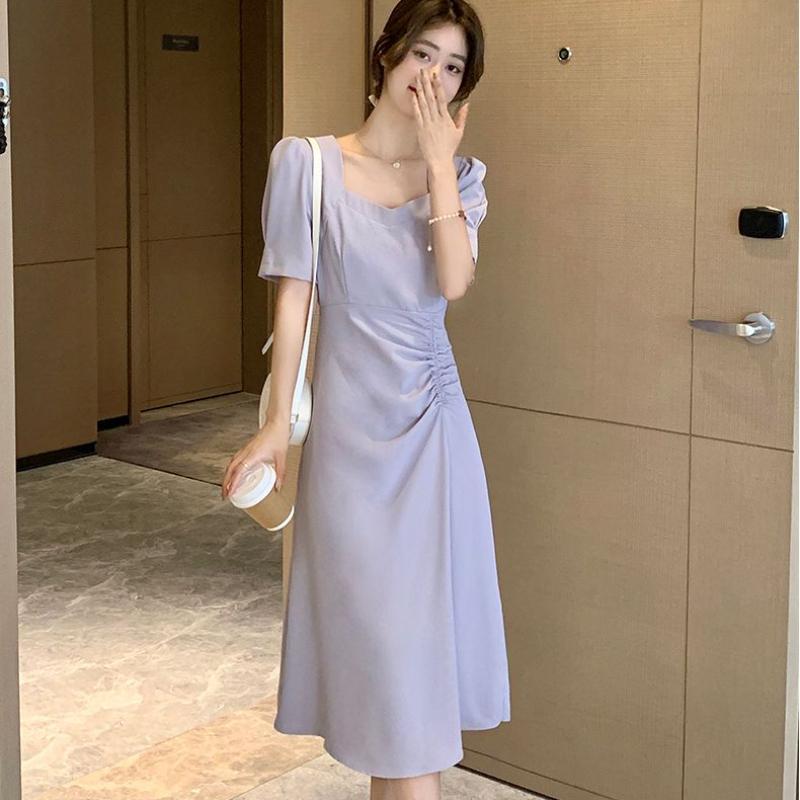 Vestido de verano de Color liso, elegante, con cuello cuadrado, cintura plisada, ajustado, manga de burbuja, vestido de moda