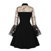 Spring and Autumn Fashion Women's Medium Long Skirt Mesh Embroidery Horn Sleeve Splicing High Waist Long Sleeve Big Swing Skirt Retro Dress