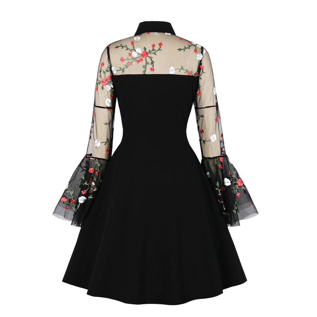 Spring and Autumn Fashion Women's Medium Long Skirt Mesh Embroidery Horn Sleeve Splicing High Waist Long Sleeve Big Swing Skirt Retro Dress