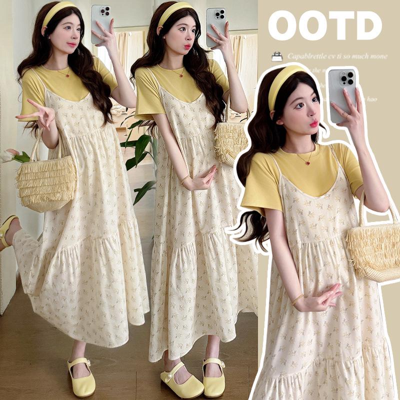 2026 Spring/Summer Korean Style Sweet Linen Cotton Maternity Camisole Dress with Yellow Layer Set M