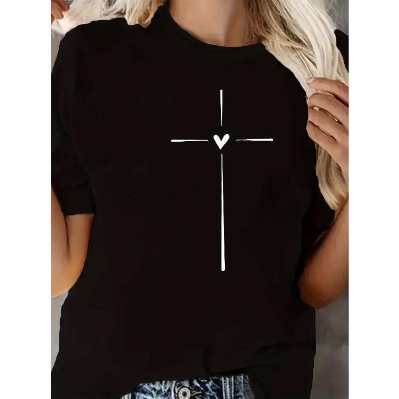 

European size Heart & Cross Print Casual T-Shirt, Crew Neck Short Sleeves Sports Tee, Women s Comfy Tops 4XL чорний