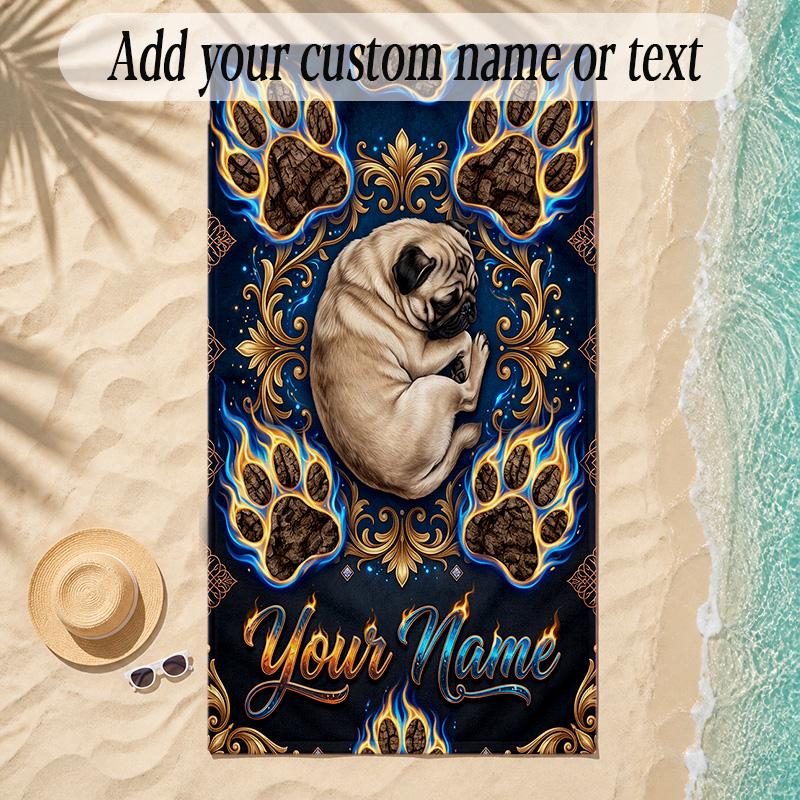 Pug Theme Soft Beach Towel Personalized Custom Name Text Towel Portable for Beach Pool Travel