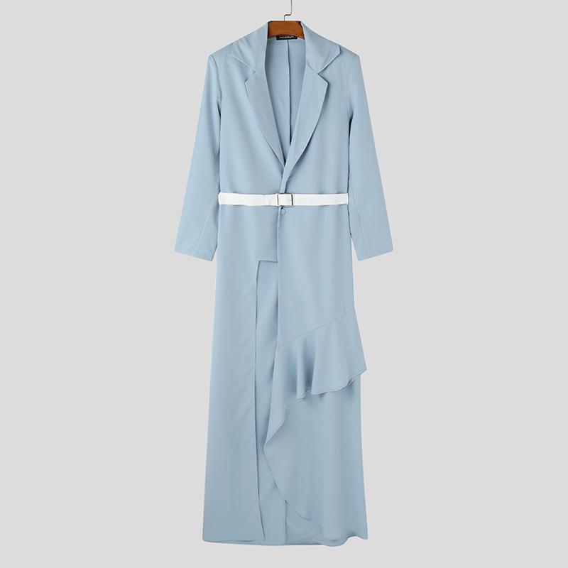 

INCERUN Мужская туника с V-образным вырезом, двухслойный пояс, разрезы на талии, длинная туника, блейзер 5XL синий