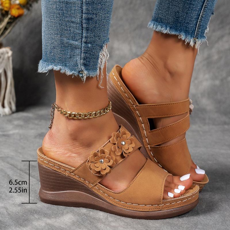 Summer New Flower Sewing Line Thick-soled Slippers Solid Color Wedge Heel Light Beach Slippers Women