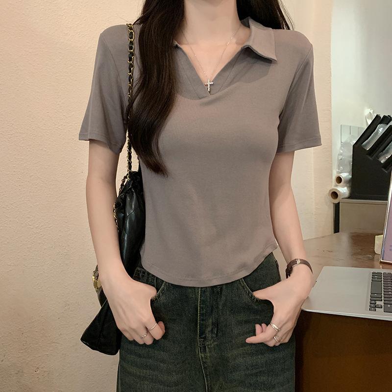 Pure desire style white lapel collar short-sleeved T-shirt for women's summer new Korean version slim-fit irregular polo collar bottoming shirt for