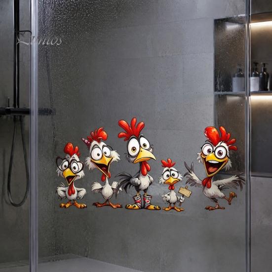Cartoon Chicken Glass Stickers Rooster Static Sticker, Funny Roosters Window Clings, PVC Removable Outdoor Balcony Decor Decal, Waterproof Sunproof