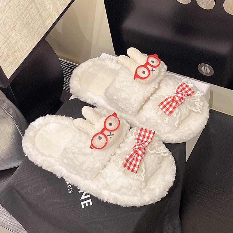 Cute cartoon fluffy slippers women's 2025 autumn and winter new outer wear non-slip fluffy warm character cotton mop
