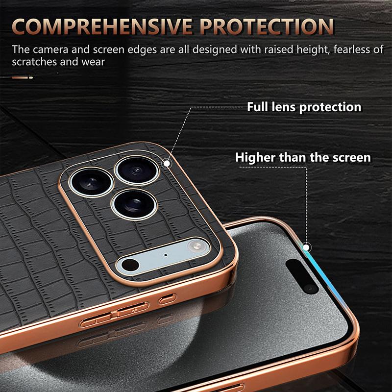 Luxury Skin Feel Crocodile Pattern Electroplated Frame Phone Case for iPhone 17 Pro Max 16 Plus 15 14 13 12 Shockproof Cover