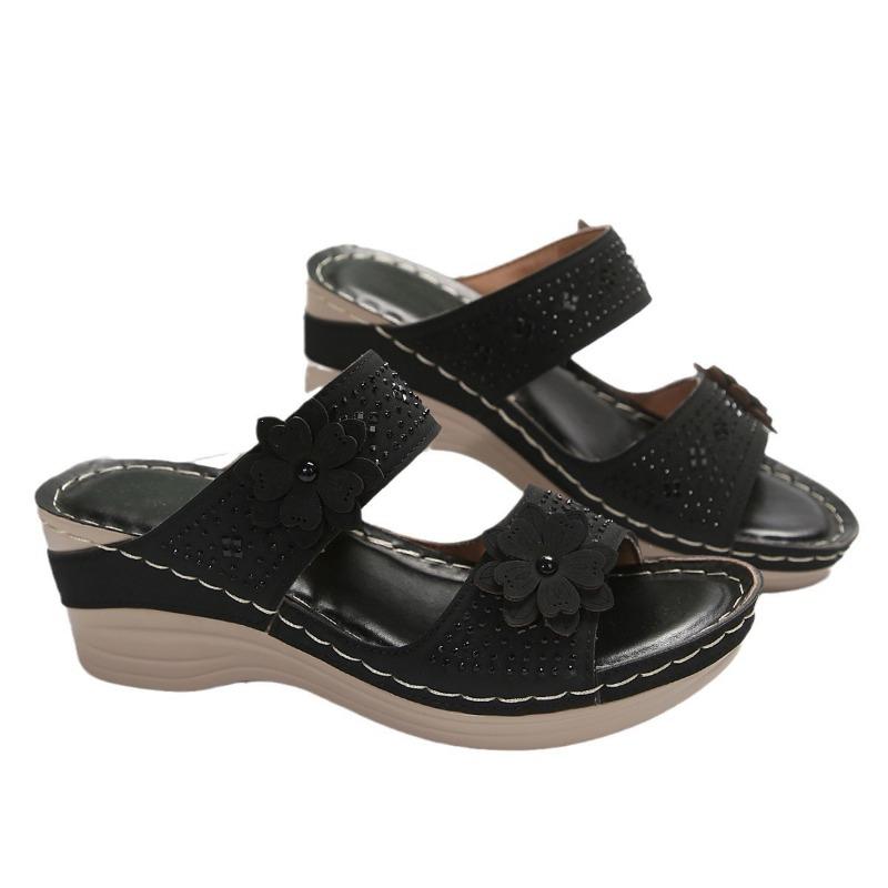 Large Size Summer New Retro Casual Flower High Heel One-character Women's Wedge Heel Slippers Shoes