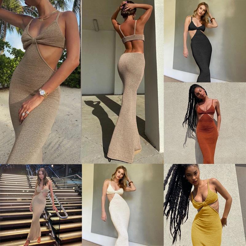 Spaghetti Maxi Dresse Strap Hollow Out Bodycon Dress Backless Cut Out Dress Wrap