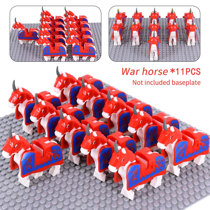 11 Stück Mittelalterliche Pferde Graue Körper Blaue Satteldecken Weiße Pferdeembleme Gelbe Verzierungen Baustein