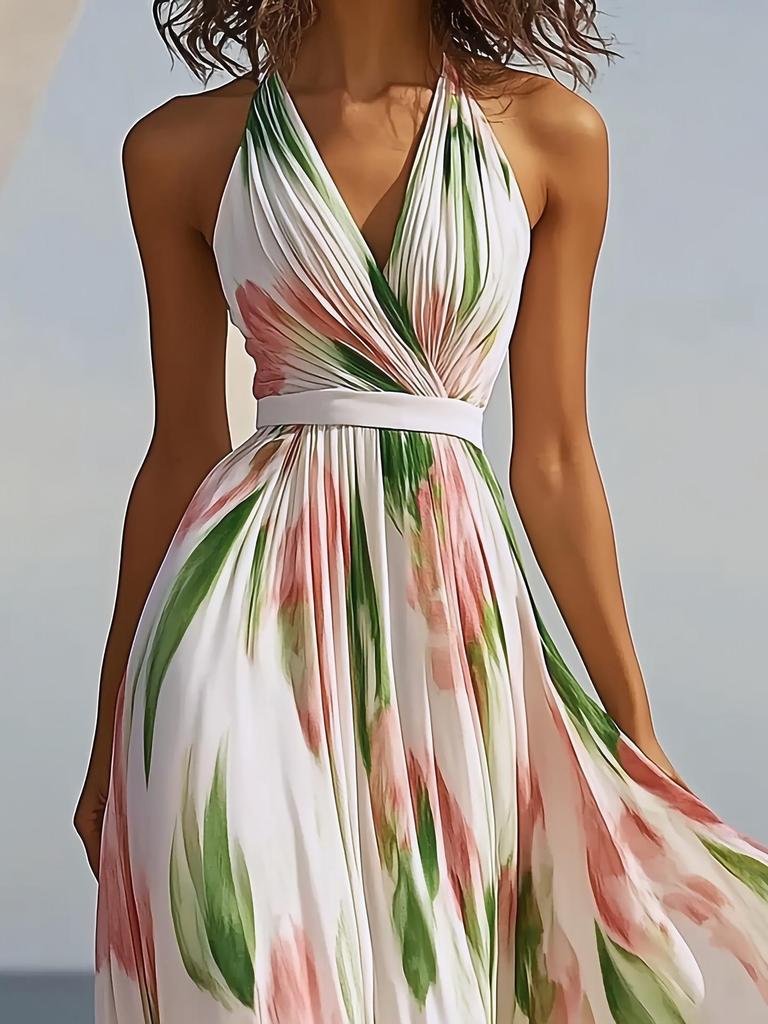 Frühling/Sommer Romantisches Resort-Stil V-Ausschnitt Rückenfreies A-Linien-Kleid - Damen Strandmode