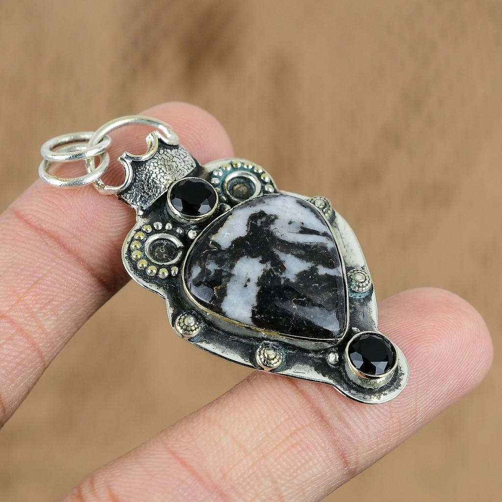 Sterling Silver Pear Natural Zebra Jasper Black Onyx Birthday Pendant Jewelry