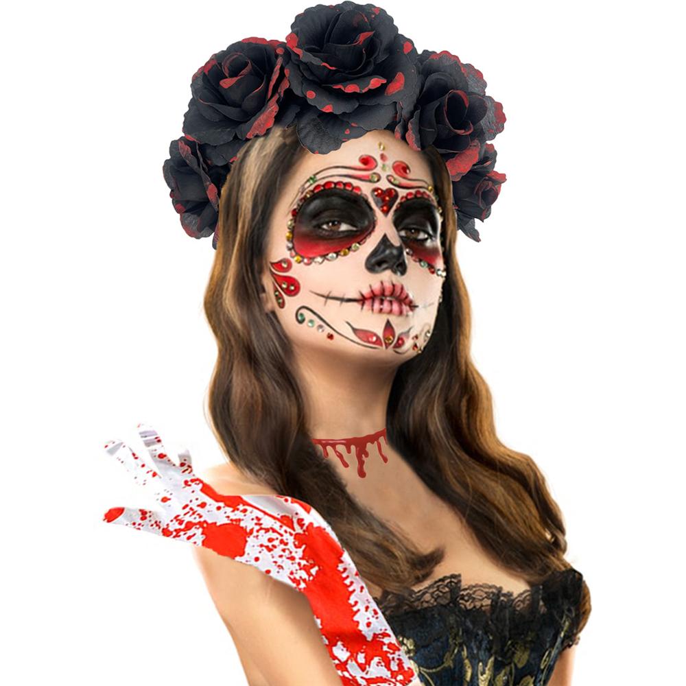 4-Piece Set Halloween Party Costume Rose Flower Headband Novelty Horror Necklace Gloves  for Women