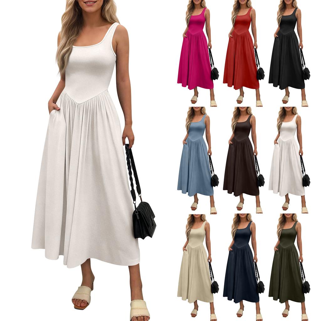 Women's Casual Dress With Square Neck, Long Sleeveless Maxi Dress For Daily Life, Women's Summer Dress