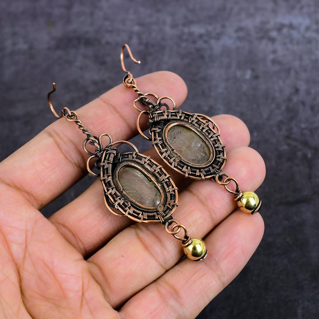 Natural Golden Rutile Gemstone Copper Wire Wrap Jewelry Earring 3.35" R3g82