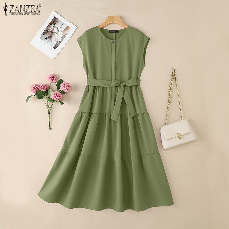 ZANZEA Women Casual Round Neck Solid Color Summer Short Sleeve Dress