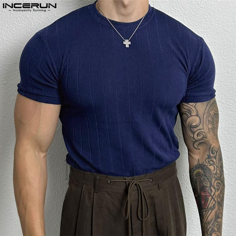 INCERUN Summer Men Short Sleeve Fitted Tops Casual Muscle Knitted T-shirts