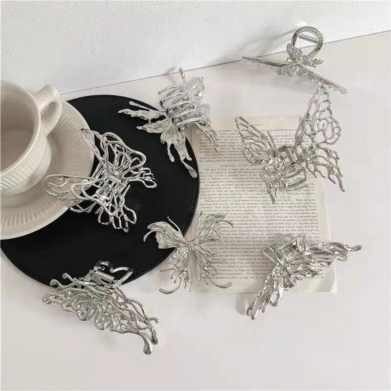 Butterfly Hair Clip Bright Silver Cross Geometric Hairpin Rose Flower Hair Claw Woman Girls Styling Barrette Headdress