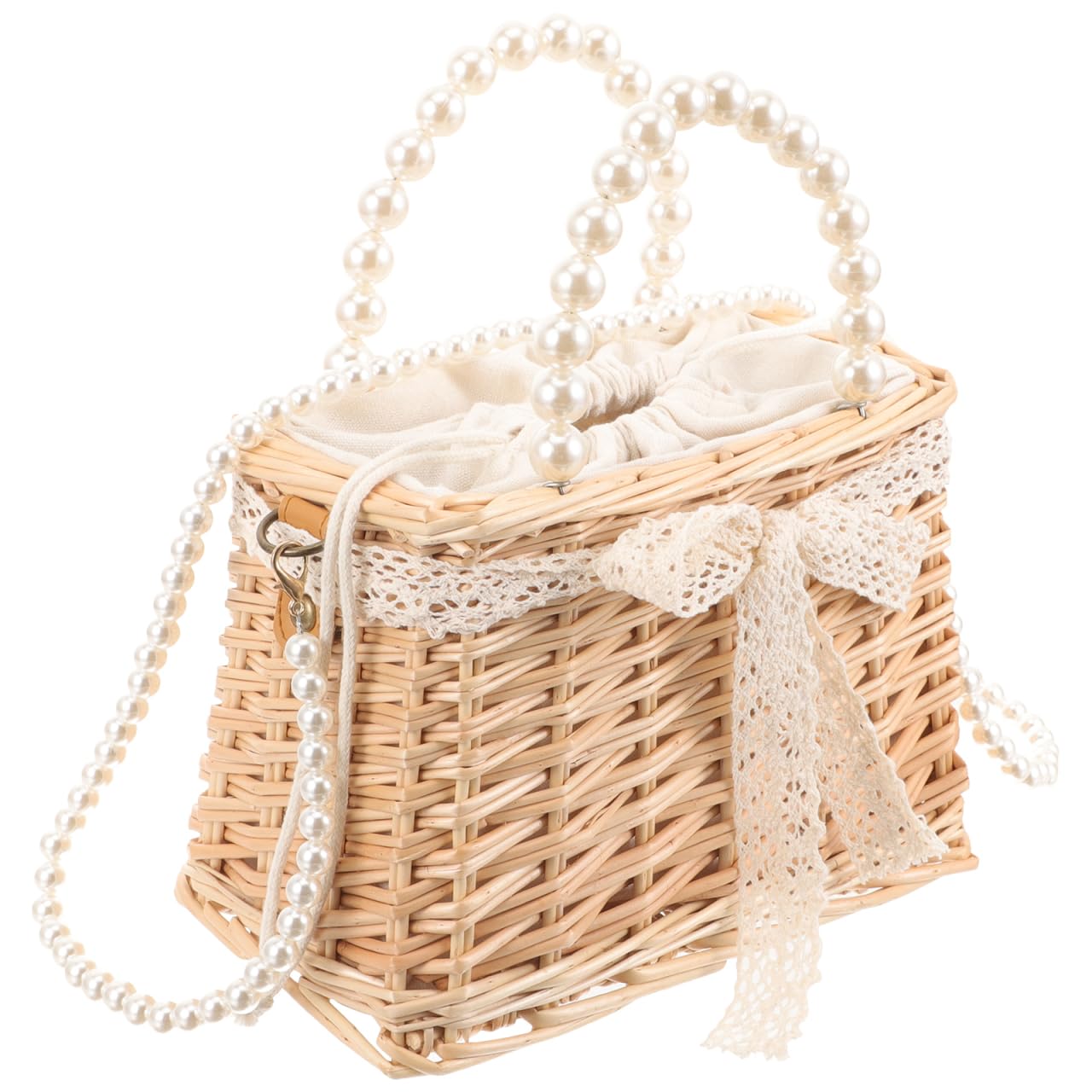 

DEARMAMY Bamboo Woven Basket Bag, Women s Summer Shoulder Bag with Rattan Woven Pearl Chain and Drawstring, Perfect for Yukata, Beach, Resorts, and
